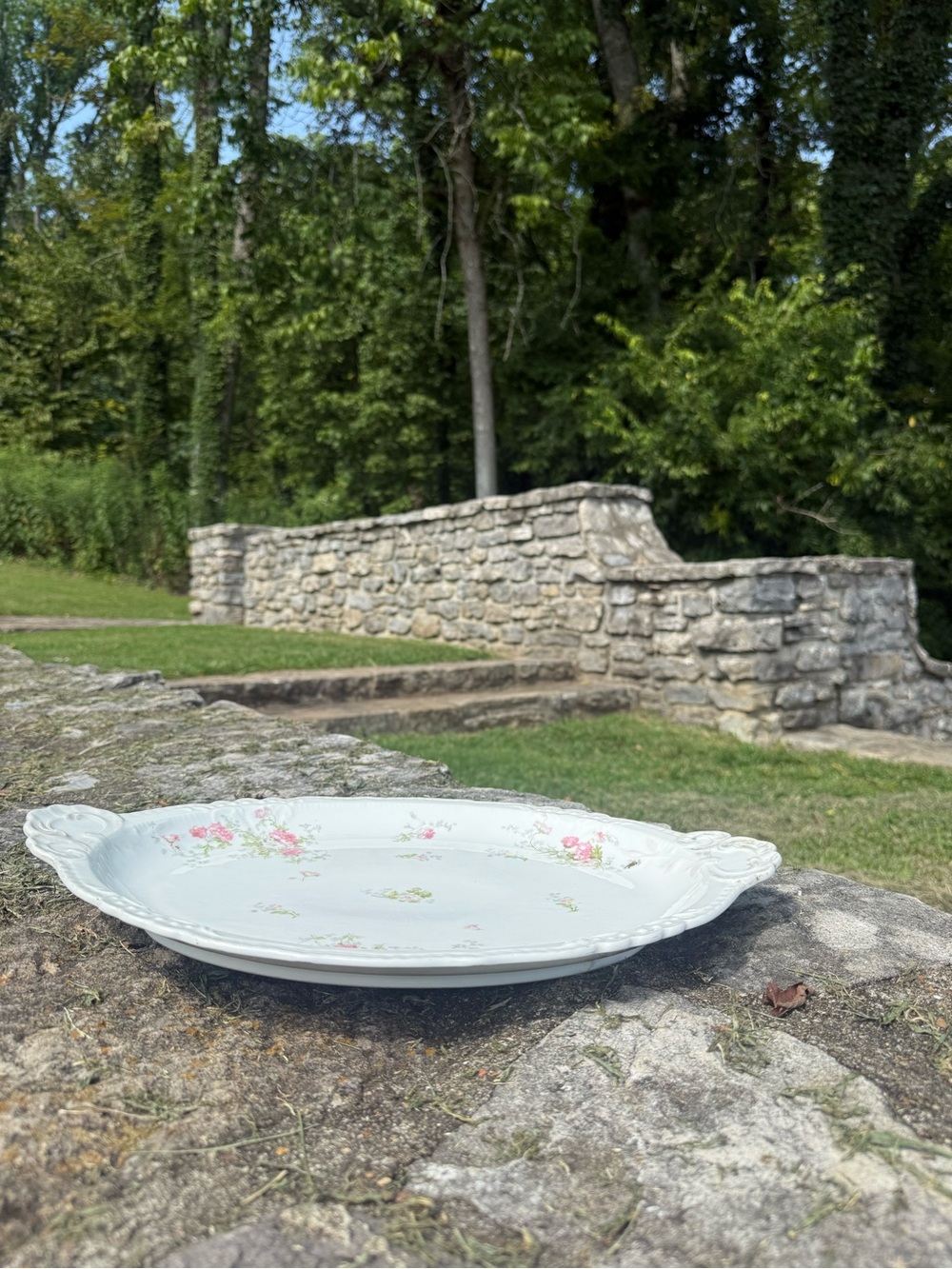 Vintage Floral Ceramic Serving Platter - White with Pink Roses